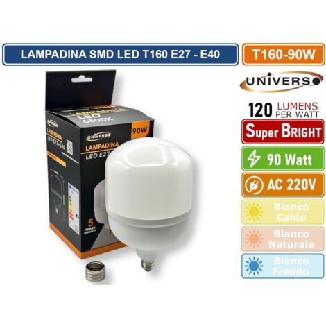 UNIVERSO T160-90W LAMPADINA SMD LED E27 + ADATTATORE E40 90W TUBOLARE T160 10.8000 LUMEN - 3000K - 4000K - 6500K - Colore Luce:Bianco Freddo