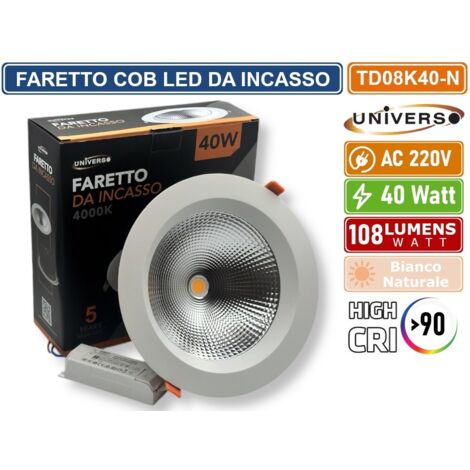 UNIVERSO TD08K40-N FARTETTO COB LED DA INCASSO ROTONDO 40W DOWNLIGHT COLORE BIANCO CRI90 - BIANCO NATURALE 4000K