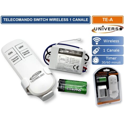 UNIVERSO TE-A TELECOMANDO WIRELESS SWITCH 1 CANALE ON-OFF CON TIMER 30-60 MINUTI PORTATA FINO A 100 M IN CAMPO APERTO