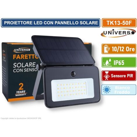 UNIVERSO TK13-50F LAMPADA APPLIQUE PROIETTORE LED A MURO EQUIVALENTE A 40W CON PANNELLO SOLARE E SENSORE PIR DA ESTERNO IP65