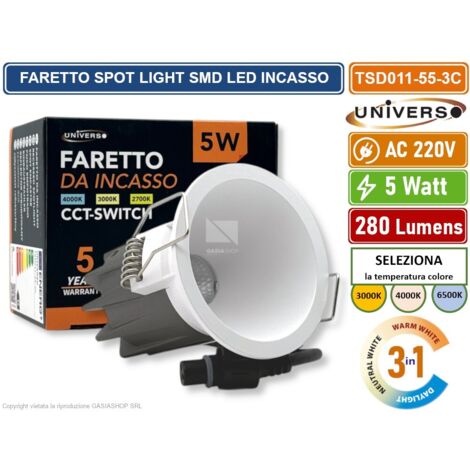 UNIVERSO TSD011-55-3C FARO FARETTO LED PUNTO LUCE SPOT LIGHT ROTONDO COLORE BIANCO DA INCASSO 5W CCT SWITCH IP20