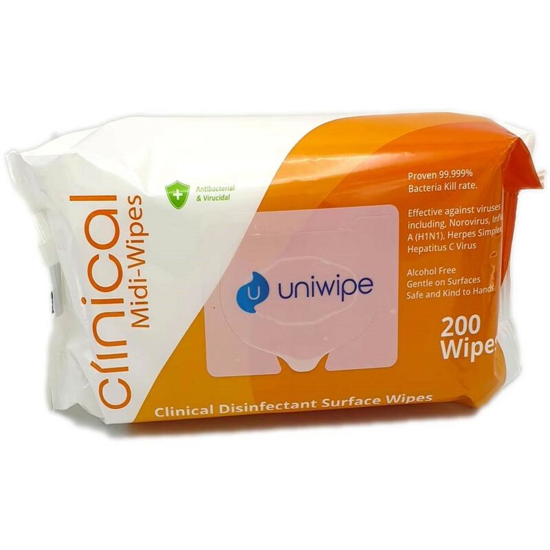 Clinical Anti Bac Virucidal Clean Disinfectant Surface Wipes X200 PACK - Uniwipe