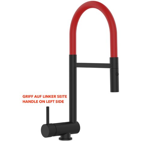 Unterfenster Wasserhahn Vorfenster Umklappbar 6 CM Schwarz Matt Küchenarmatur mit 360 schwenkbarem Rot Auslauf und abnehmbare 2 Strahl Handbrause - LINKER HEBEL