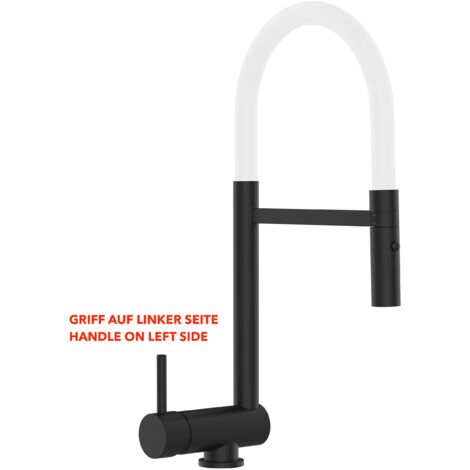 Unterfenster Wasserhahn Vorfenster Umklappbar 6 CM Schwarz Matt Küchenarmatur mit 360 schwenkbarem Weiß Auslauf und abnehmbare 2 Strahl Handbrause - LINKER HEBEL