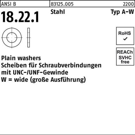 Unterlegscheibe ANSI B18.22.1 Typ W 7/16x 1,250 Stahl 200 Stück