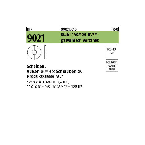 Unterlegscheibe DIN 9021 5,3x 15x1,2 Stahl 140/100 HV galv.verz. 250 Stück