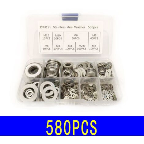 Unterlegscheiben aus Edelstahl mit Aufbewahrungsbox (580er-Packung) – Sortiment mit 9 Größen: M2, M2,5, M3, M4, M5, M6, M8, M10 und M12 – Metall-Unterlegscheiben-Set – Reparaturen, Fabriken und Innend