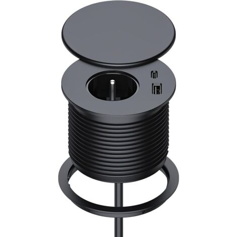 Unterputz-Steckdosenleiste mit 1 Steckdose, 1 USB-C-Anschluss, 1 USB-A-Anschluss, 75 mm Durchmesser, 1,5 m Kabel, Tischsteckdose für Küche, Büro und Möbel, Farbe: Schwarz.