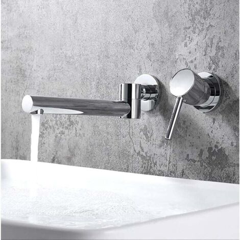 Unterputz-Waschtischmischer mit 180° schwenkbarem Auslauf, Wandmontierter Badezimmerhahn, Wandmontierte Badewannenarmaturen aus Messing mit Warm- und Kaltwasser (Silber) MUMU