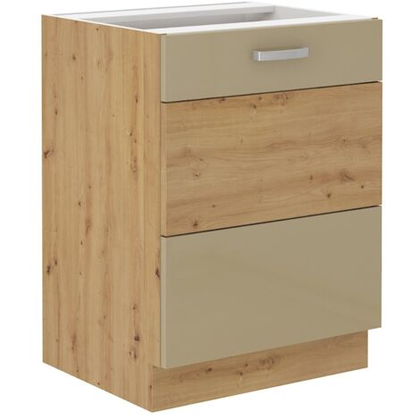 Unterschrank 60 cm Eiche Artisan + Cappuccino Hochglanz Küchenzeile Küchenblock