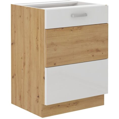 Unterschrank 60 cm Eiche Artisan + Weiß Hochglanz Küchenzeile Küchenblock Küche