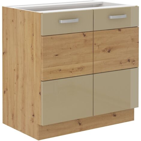 Unterschrank 80 cm Eiche Artisan + Cappuccino Hochglanz Küchenzeile Küchenblock