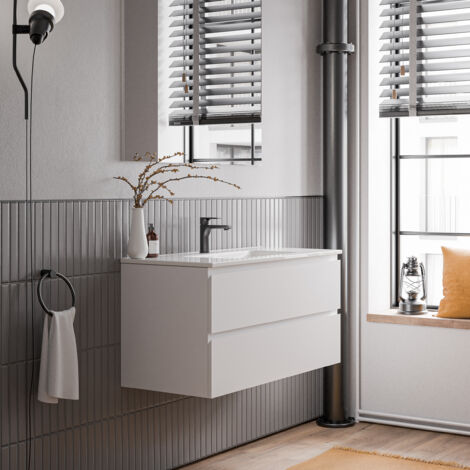 Unterschrank Bernstein AVA 100 cm mit Keramik Waschbecken - Badmöbelfarbe Weiß matt, Waschbecken Weiß glänzend