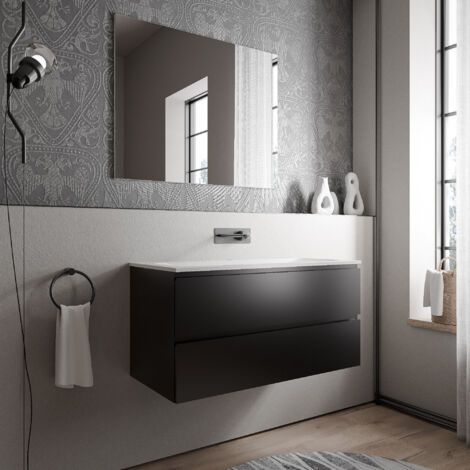 Unterschrank Bernstein AVA 100 cm mit Mineralguss Waschbecken CREAM - Badmöbelfarbe Schwarz matt, Waschbecken Weiß matt ohne Hahnloch