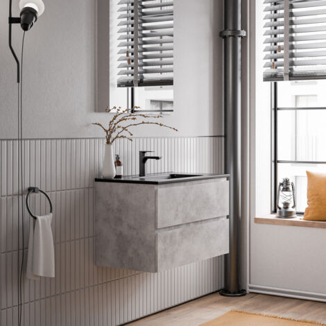 Unterschrank Bernstein AVA 80 cm mit Keramik Waschbecken - Badmöbelfarbe Beton, Waschbecken Schwarz matt