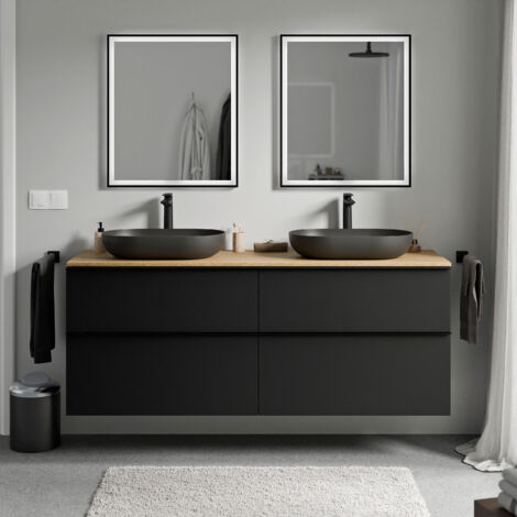 Unterschrank Bernstein LAVOA 160cm für Aufsatzwaschbecken Badmöbel: Schwarz matt, Metallgriff: Chrom, Waschtischplatte: Eiche Honiggold