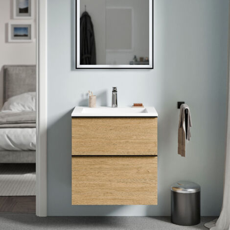 Unterschrank Bernstein LAVOA 60 cm mit Mineralguss Waschbecken BRUXELLES - Griff Chrom, Badmöbelfarbe Eiche Honiggold, Waschbecken Weiß matt mit Hahnloch