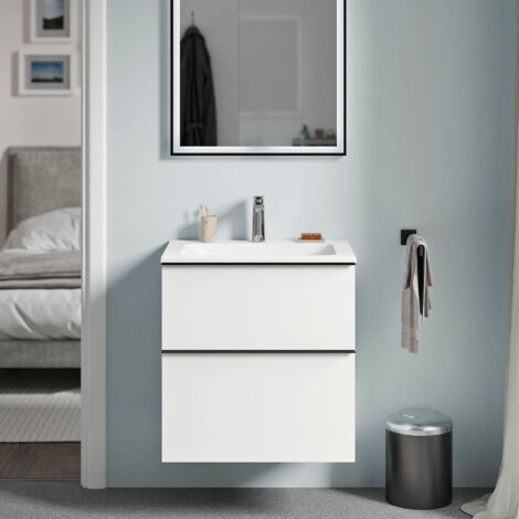 Unterschrank Bernstein LAVOA 60 cm mit Mineralguss Waschbecken CREAM - Badmöbelfarbe Weiß matt, Griff Chrom, Waschbecken Weiß matt mit Hahnloch