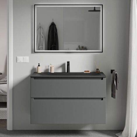 Unterschrank Bernstein VIREO 100 cm mit Mineralguss Waschbecken CREAM - Korpus Anthrazit matt, Waschbecken Schwarz matt mit Hahnloch