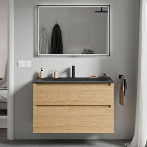Unterschrank Bernstein VIREO 100 cm mit Mineralguss Waschbecken CREAM - Korpus Eiche Honiggold, Waschbecken Schwarz matt mit Hahnloch