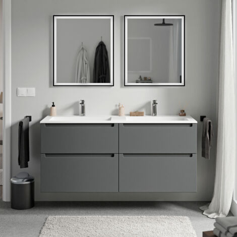 Unterschrank Bernstein VIREO 120 cm mit Mineralguss Waschbecken BRUXELLES - Korpus Anthrazit matt, Waschbecken Weiß matt mit Hahnloch