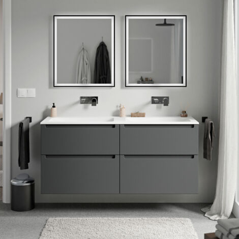 Unterschrank Bernstein VIREO 120 cm mit Mineralguss Waschbecken CREAM - Korpus Anthrazit matt, Waschbecken Weiß matt ohne Hahnloch