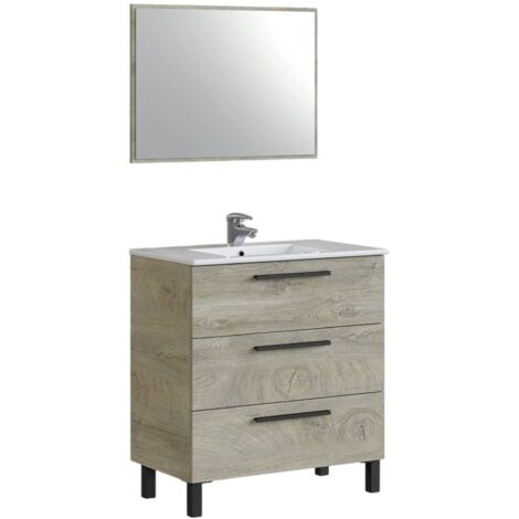 Unterschrank Palmdale, Badezimmerschrank, Kleiderschrank mit 3 Schubladen und Spiegel, Waschbecken nicht enthalten, cm 80x45h86, Eiche