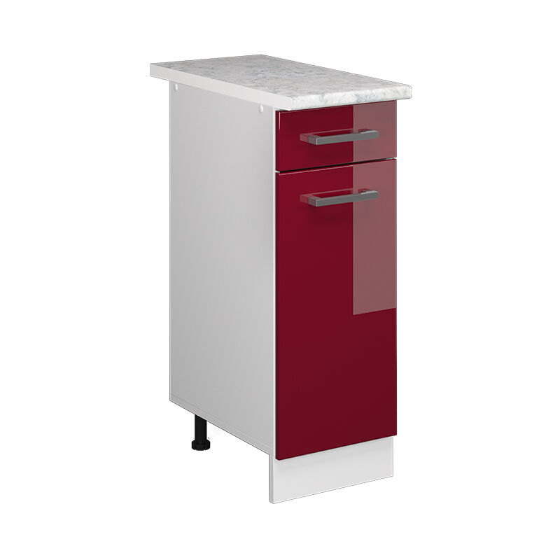 Unterschrank R-line, Bordeaux Hochglanz, 30 Cm Mit Schublade, Mit Arbeitsplatte Vicco