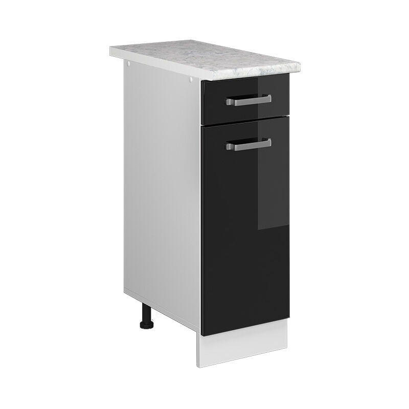 Unterschrank R-line, Schwarz Hochglanz, 30 Cm Mit Schublade, Mit Arbeitsplatte Vicco