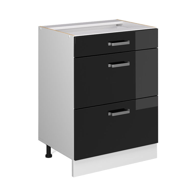 Unterschrank R-line, Schwarz Hochglanz, 60 Cm Mit Schubladen, Ohne Arbeitsplatte, Vicco