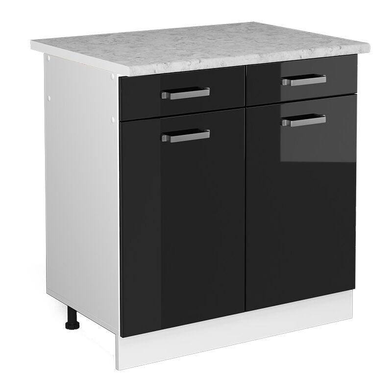 Unterschrank R-line, Schwarz Hochglanz, 80 Cm Mit Schubladen Und Türen, Mit Arbeitsplatte, Vicco