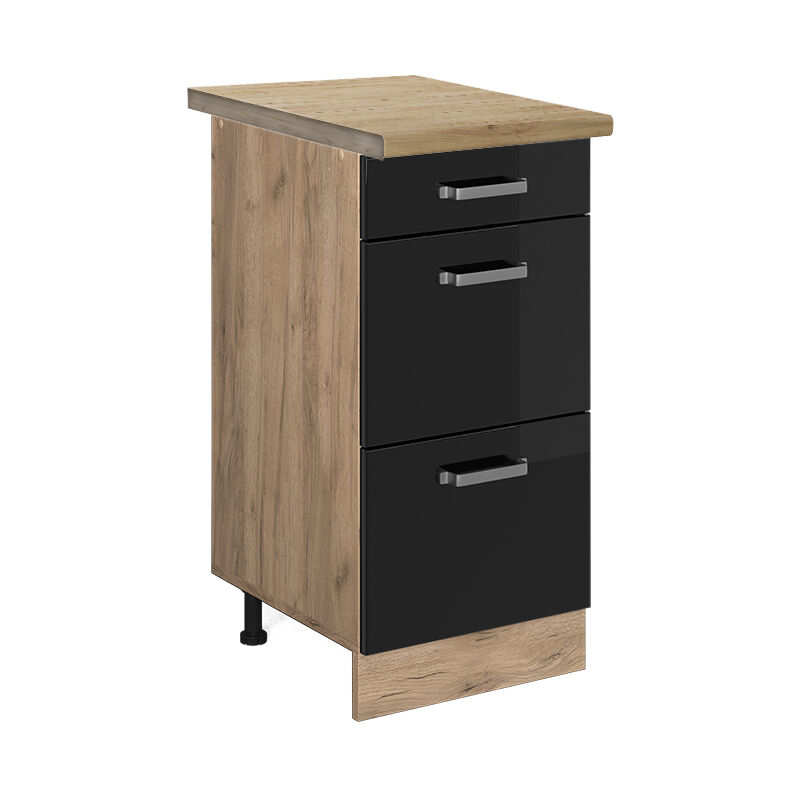 Küchenunterschrank R-line, Schwarz Hochglanz, 40 Cm Mit Schubladen, Ap Eiche Vicco
