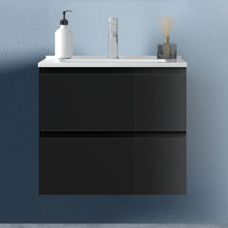 Unterschrank soft close 2 Schubladen 60cm Badezimmermöbel Set Schwarz Hochglanz Selbstmontierter Unterschrank dünn keramik waschtisch