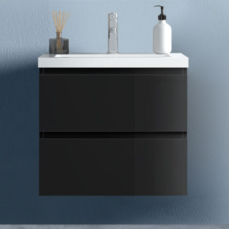 Unterschrank soft close 2 Schubladen 60cm Badezimmermöbel Set Schwarz Hochglanz Selbstmontierter Unterschrank Mineralguss waschtisch