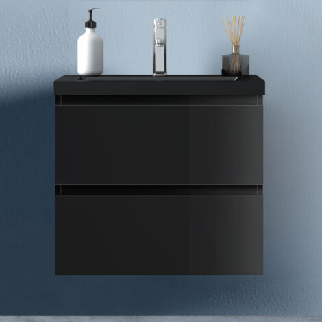 Unterschrank soft close 2 Schubladen 60cm Badezimmermöbel Set Schwarz Hochglanz Selbstmontierter Unterschrank Schwarz Mineralguss waschtisch