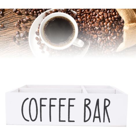 Unterteilter Kaffeestation-Organizer aus Holz mit Tablett, Aufbewahrungsbox für Kaffeezubehör, Halter für Kaffeepads und Teebeutel – Weiß