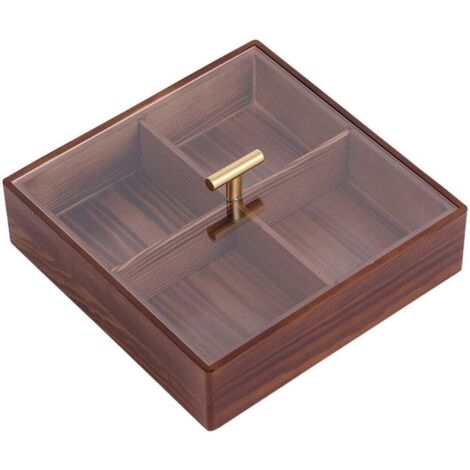 Unterteiltes Holztablett mit Deckel, Süßigkeitenschale, Trockenobsttablett, Snackbox, 4 Fächer, Trockenfutter-Organizer, quadratisches Lebensmitteltablett