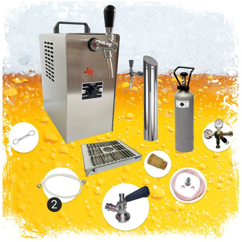 Ich-Zapfe Untertheken Komplett Set - Zapfanlage Jet 30 Bierkoffer, Bierzapfanlage, Durchlaufkühler 1-leitig Trockenkühler, Bis Zu 35 Liter/h, Zapfkopf, keykeg