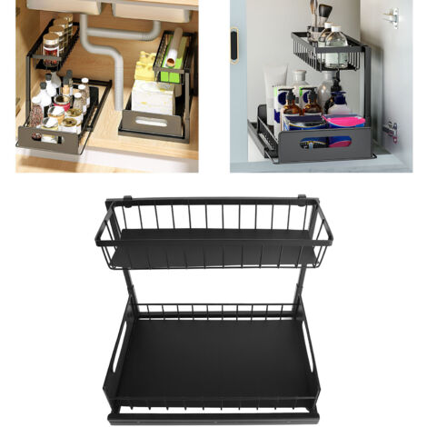 Untertisch-Organizer mit Auszugssystem, 2 Ablagen, L-förmiger Organizer für Spüle und Schrank in Küche & Bad, Schwarz – Material: Stahl, Maße ca. 36,5 x 27 x 26,5 cm