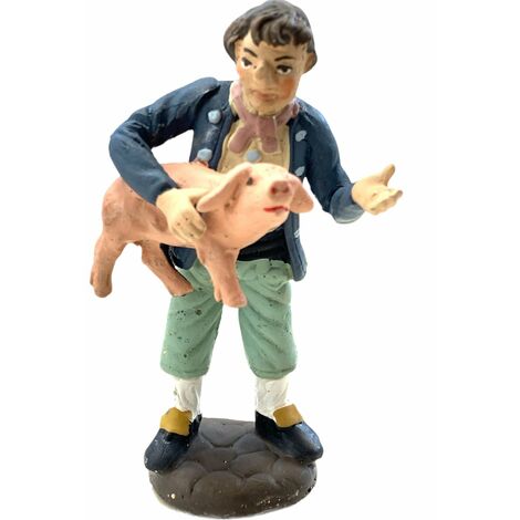 Uomo con maiale statuetta in terracotta artigianale per presepe napoletano da h 10 cm