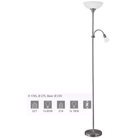 UP 2-TERRA H176.5CM X DIAM.27.5CM. BASE DIAM.23CM 1X60W.1X25W E27.E14 ACCIAI NICKEL NERO/PLASTIC