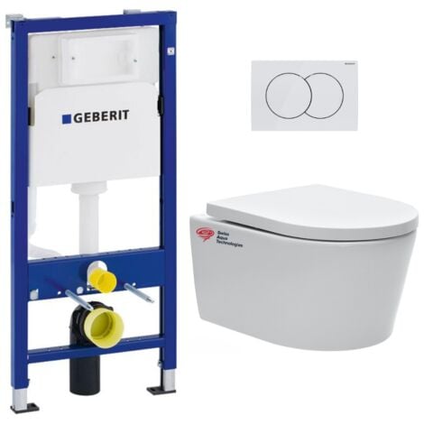 UP100 Vorwandelement + weiße Delta50-Platte + SAT hängende spülrandlose WC und unsichtbare Befestigungen (SATrimlessGeb1-DE