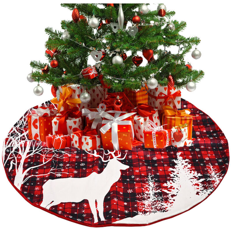 Upe de sapin de Noël de 122 cm à carreaux à double couche avec flocon de neige,motif renne,tapis de sapin de Noël pour la maison,les fêtes,la