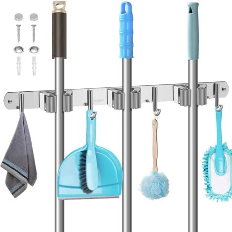 Upgraded Wall Mounted Mop Rack, 304 Stainless Steel Cleaning Tool Rack with 3 Holders and 4 Hooks, Convenient Holder for Kitchen, Garage, Bathroom, Garden Tools Organization and Storage
