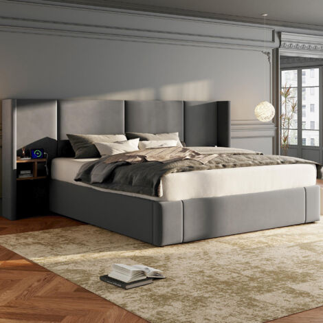 Upholstered Bed, King Size Bed-5ft(150x
200cm),Velvet Ottoman Lift Up Bed Frame, Hydraulic Wide-ear bed with USB Connection, Sockets, Two Bedside Tables,No Mattre,Grey