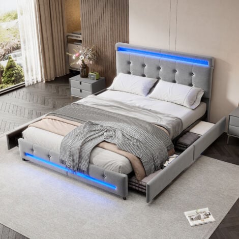 Upholstered Bed, , Soft backrest, Vertical stripe design, Metal underbed bracket, Durable and Sturdy, With bed slats, Youth bed, Velvet, Grey, Double Bed 135x190cm, Light Strips around the Bed