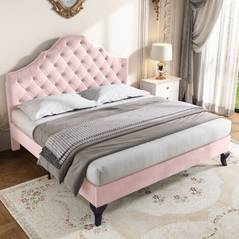 Upholstered Bed with Slatted Frame and Height-adjustable Headboard, Velvet, Pink,(135×190)