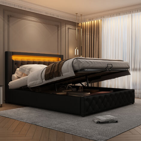 Upholstered Bed with Slatted Frame and Storage Space, LED Lighting in Different Colors, PU, Black, 135 x 190 cm