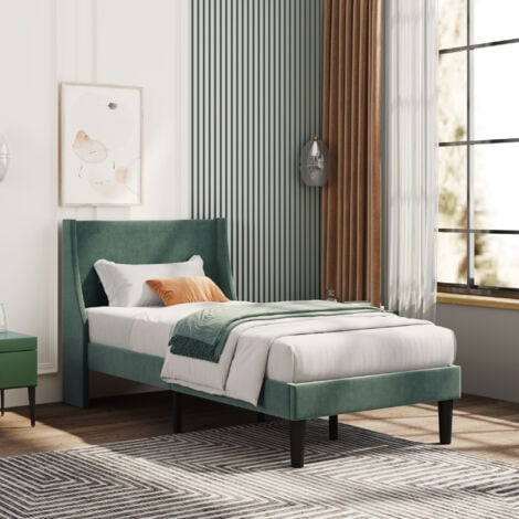 Upholstered Bed with Winged Headboard, Wood Slat Support, Single Bed, Velvet, Dark Green