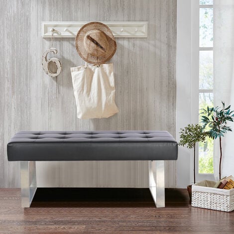 main image of "Upholstered Dining Bench Black Button Ottoman Chair Faux Leather with Steel Legs"